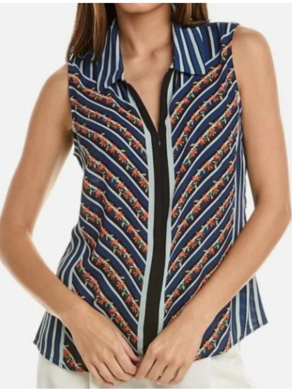 Cabi Chevron Zipper Front Floral Stripe Tank Top Large 6318 Blue Pink